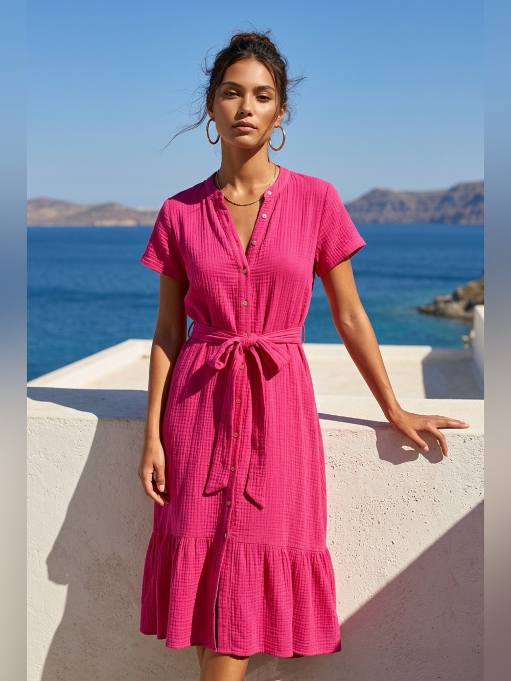 TwentyTen Shirt Dress Womens Size S Hot Pink Midi Button Front Tie Waist
